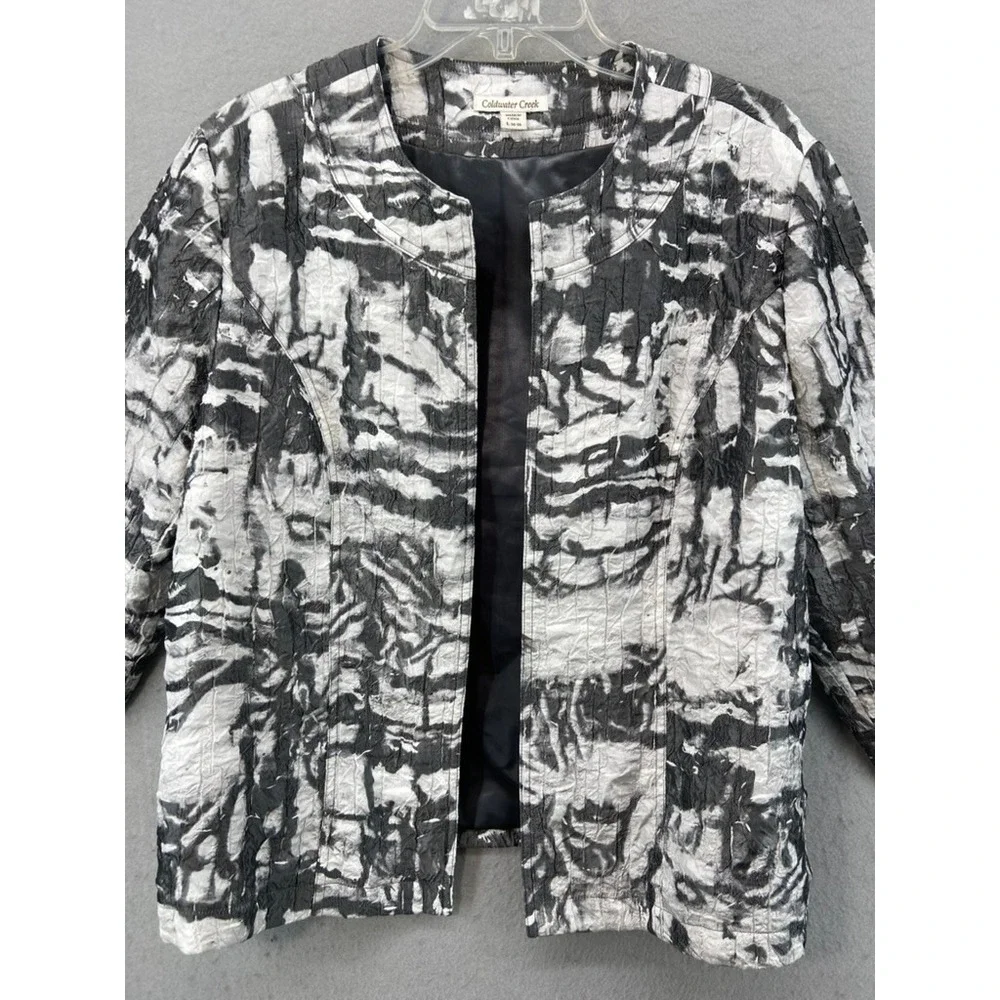 Coldwater Creek Jacket Blazer Womens L Black White Abstract‎ Crinkle Open Front